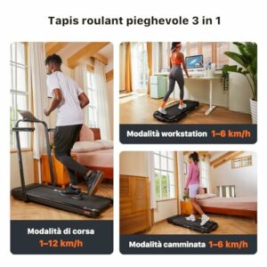Tapis Roulant Elettrico Pieghevole 3 in 1 con Display LED